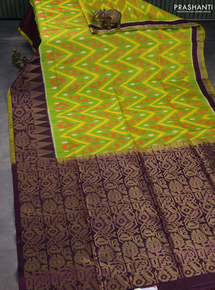 Ikat soft silk saree fluorescent green and wine shade with allover ikat weaves and long zari woven border