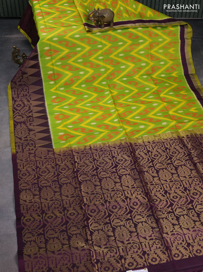 Ikat soft silk saree fluorescent green and wine shade with allover ikat weaves and long zari woven border