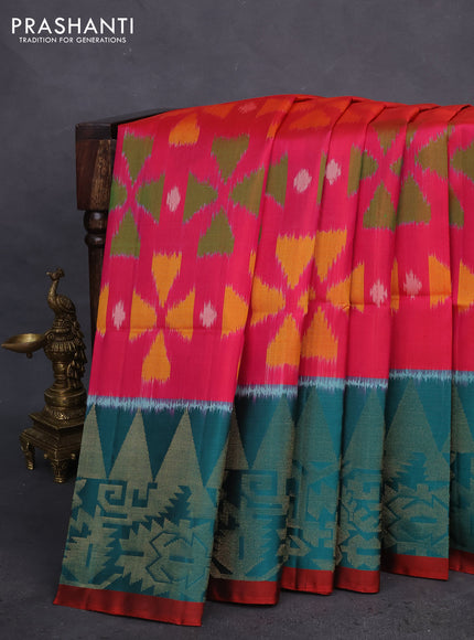Ikat soft silk saree pink and teal green shade with allover ikat weaves and long zari woven border