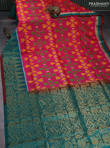 Ikat soft silk saree pink and teal green shade with allover ikat weaves and long zari woven border