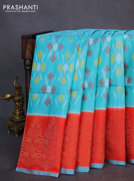 Ikat soft silk saree teal blue and orange with allover ikat weaves and long silver & gold zari woven border