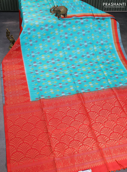 Ikat soft silk saree teal blue and orange with allover ikat weaves and long silver & gold zari woven border