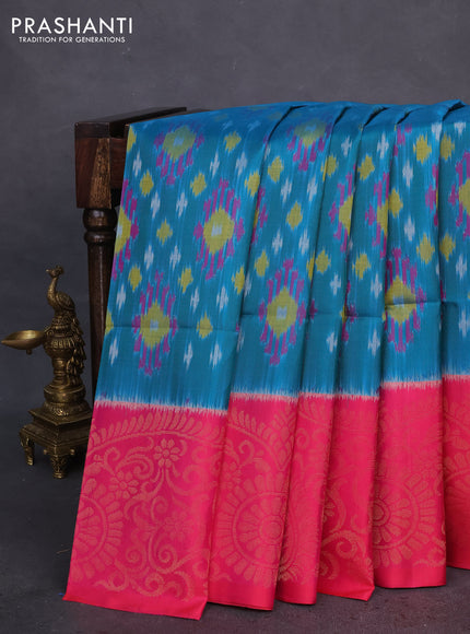 Ikat soft silk saree teal blue shade and dual shade of pink with allover ikat weaves and long zari woven border