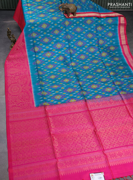 Ikat soft silk saree teal blue shade and dual shade of pink with allover ikat weaves and long zari woven border