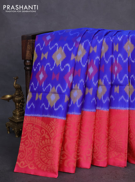 Ikat soft silk saree royal blue and pink with allover ikat weaves and long zari woven border