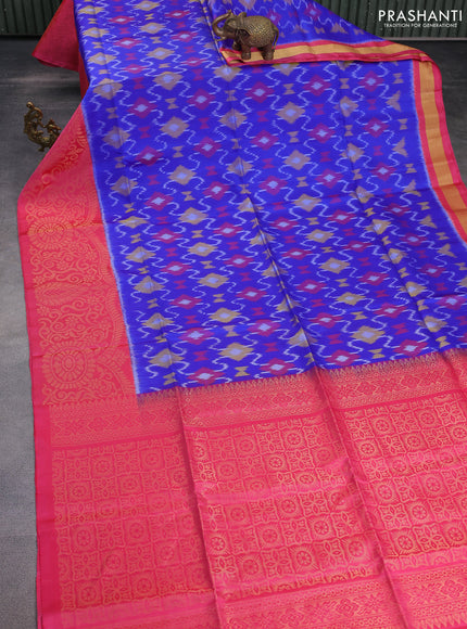 Ikat soft silk saree royal blue and pink with allover ikat weaves and long zari woven border