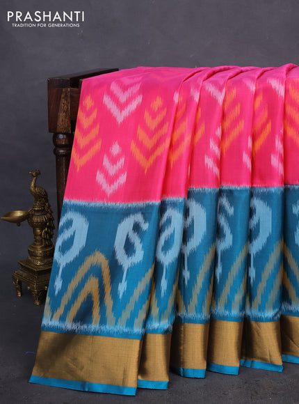 Ikat soft silk saree pink and teal blue with allover ikat weaves and zari woven border