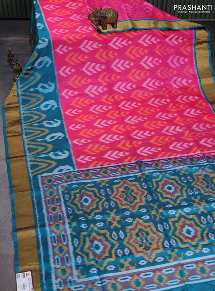 Ikat soft silk saree pink and teal blue with allover ikat weaves and zari woven border