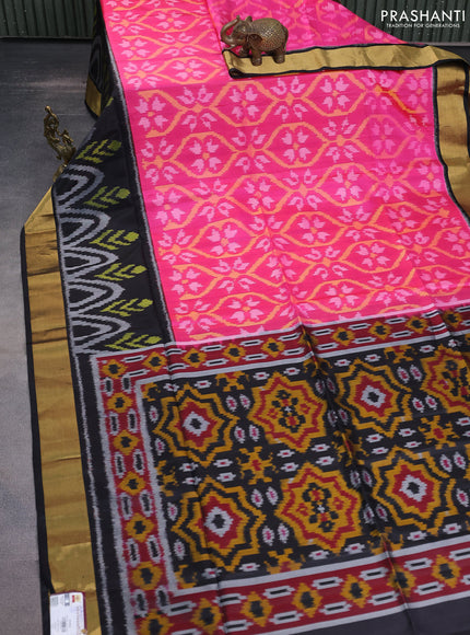 Ikat soft silk saree candy pink and black with allover ikat weaves and zari woven border