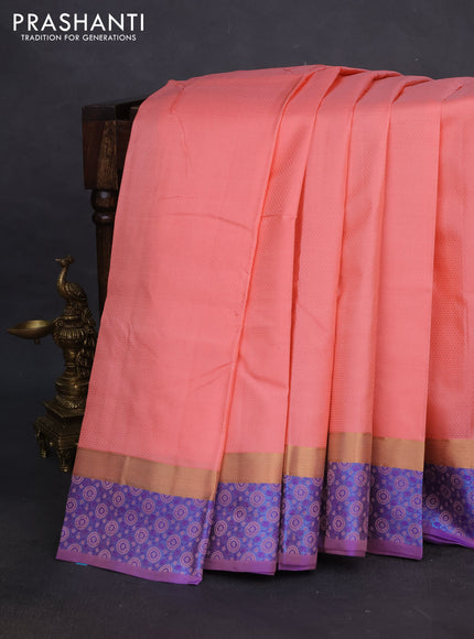 Pure kanchipuram silk saree peach shade and dual shade of blue with allover self emboss and thread & zari woven border