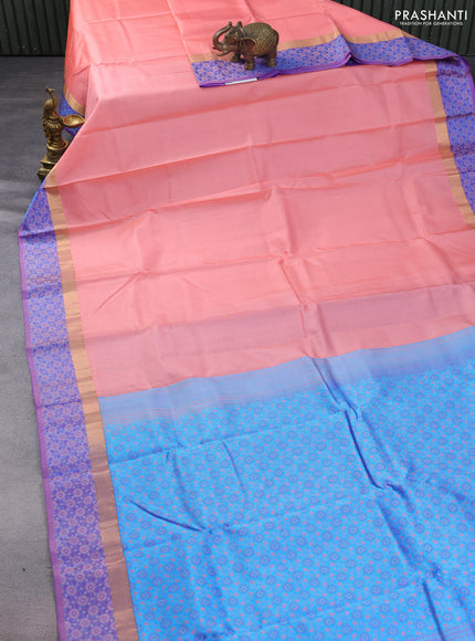 Pure kanchipuram silk saree peach shade and dual shade of blue with allover self emboss and thread & zari woven border