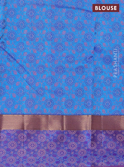 Pure kanchipuram silk saree peach shade and dual shade of blue with allover self emboss and thread & zari woven border