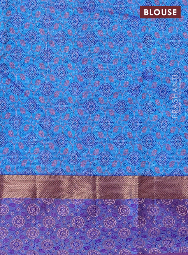 Pure kanchipuram silk saree peach shade and dual shade of blue with allover self emboss and thread & zari woven border