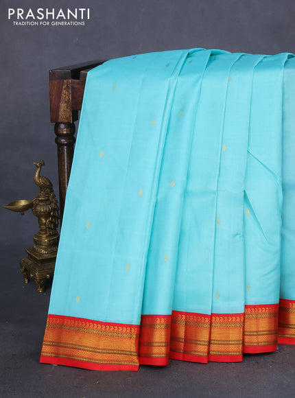 Pure kanchipuram silk saree teal blue and red with zari woven buttas and zari woven korvai border