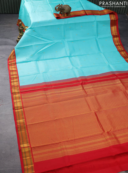 Pure kanchipuram silk saree teal blue and red with zari woven buttas and zari woven korvai border