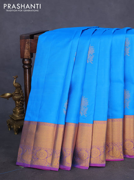 Pure kanchipuram silk saree cs blue and pink with zari woven floral buttas and rich zari woven border