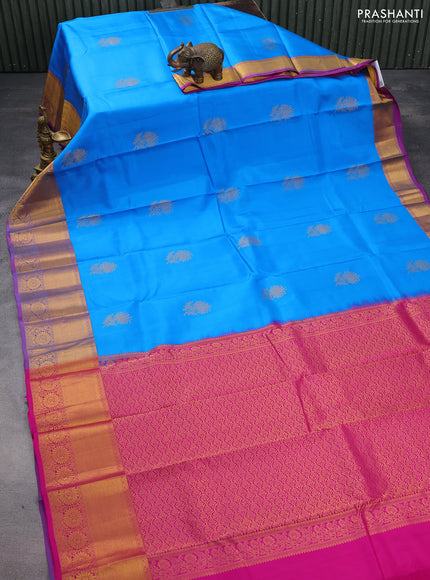 Pure kanchipuram silk saree cs blue and pink with zari woven floral buttas and rich zari woven border