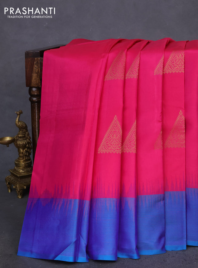 Pure kanchipuram silk saree pink and dual shade of blue with zari woven buttas and simple border