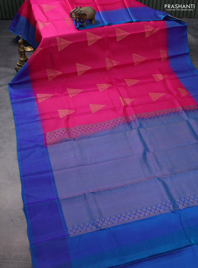 Pure kanchipuram silk saree pink and dual shade of blue with zari woven buttas and simple border