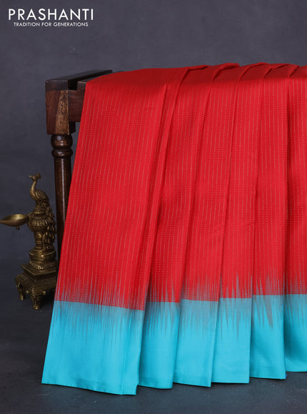 Pure kanchipuram silk saree red and teal blue with allover zari weaves and simple border