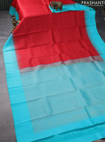 Pure kanchipuram silk saree red and teal blue with allover zari weaves and simple border