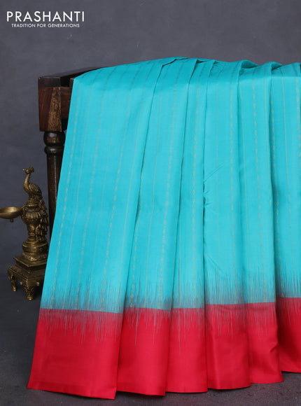 Pure kanchipuram silk saree teal green shade and redish pink with allover zari weaves and simple border