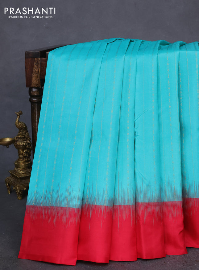 Pure kanchipuram silk saree teal green shade and redish pink with allover zari weaves and simple border