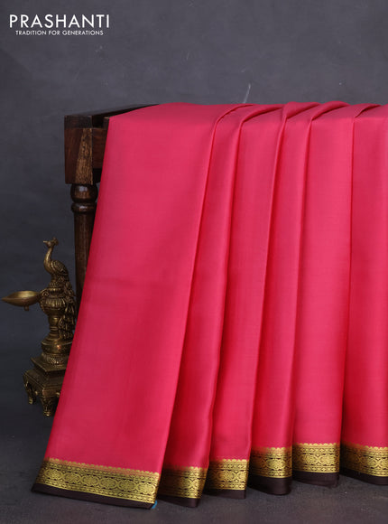 Pure mysore silk saree pink and deep coffee brown with plain body and zari woven border