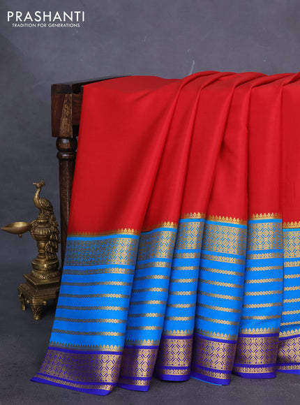 Pure mysore silk saree red and blue cs blue with plain body and long zari woven border