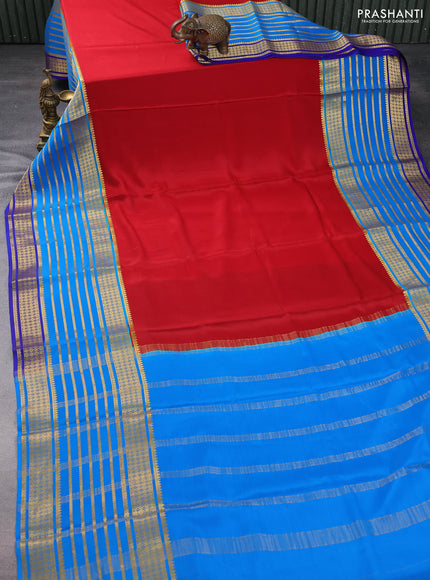 Pure mysore silk saree red and blue cs blue with plain body and long zari woven border