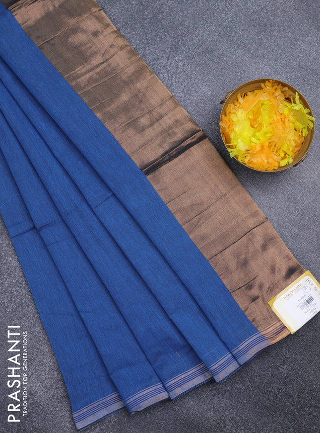 Bengal soft cotton saree cs blue with plain body and zari woven piping border