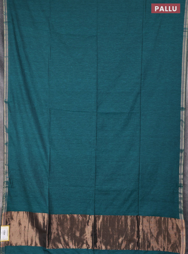 Bengal soft cotton saree teal green shade with plain body and zari woven piping border
