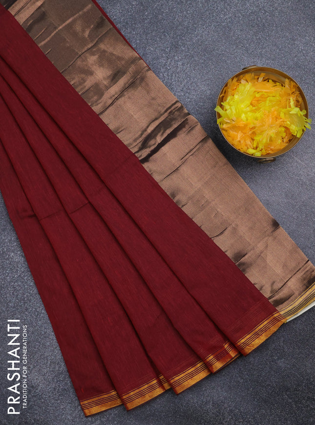 Bengal soft cotton saree maroon with plain body and zari woven piping border