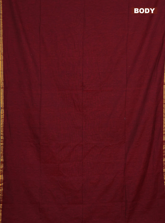 Bengal soft cotton saree maroon with plain body and zari woven piping border