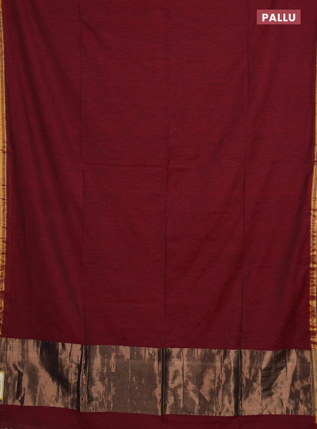Bengal soft cotton saree maroon with plain body and zari woven piping border