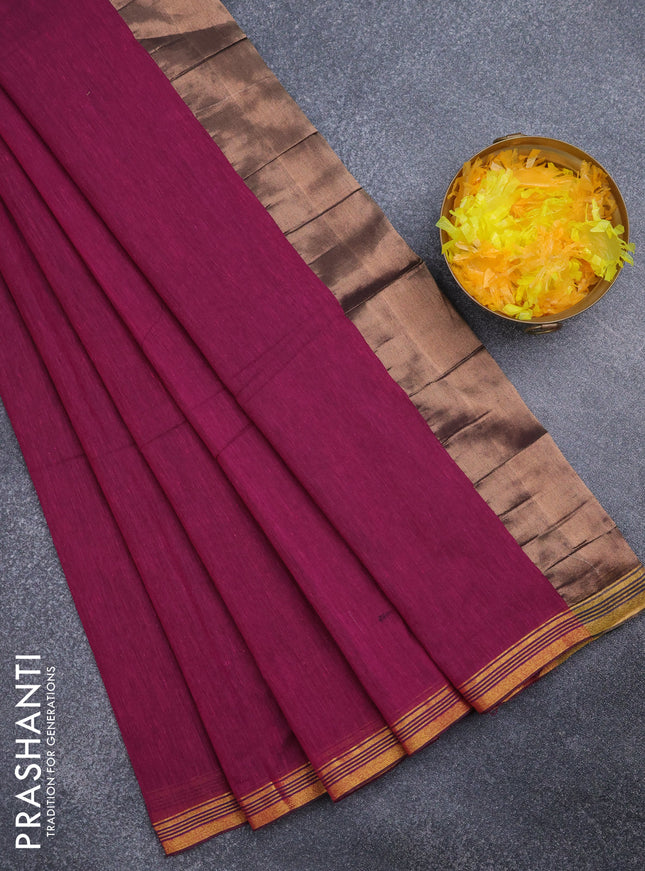 Bengal soft cotton saree magenta pink with plain body and zari woven piping border