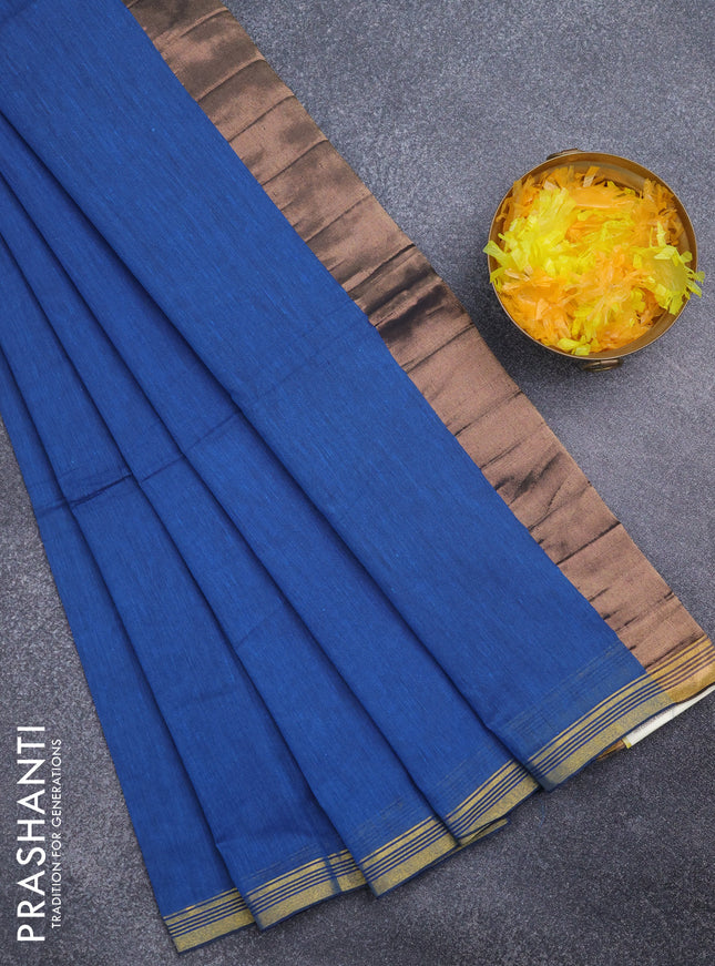Bengal soft cotton saree cs blue with plain body and zari woven piping border