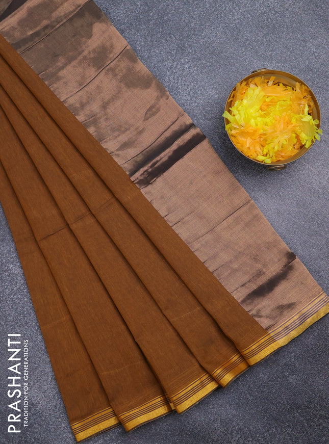 Bengal soft cotton saree dark mustard with plain body and zari woven piping border