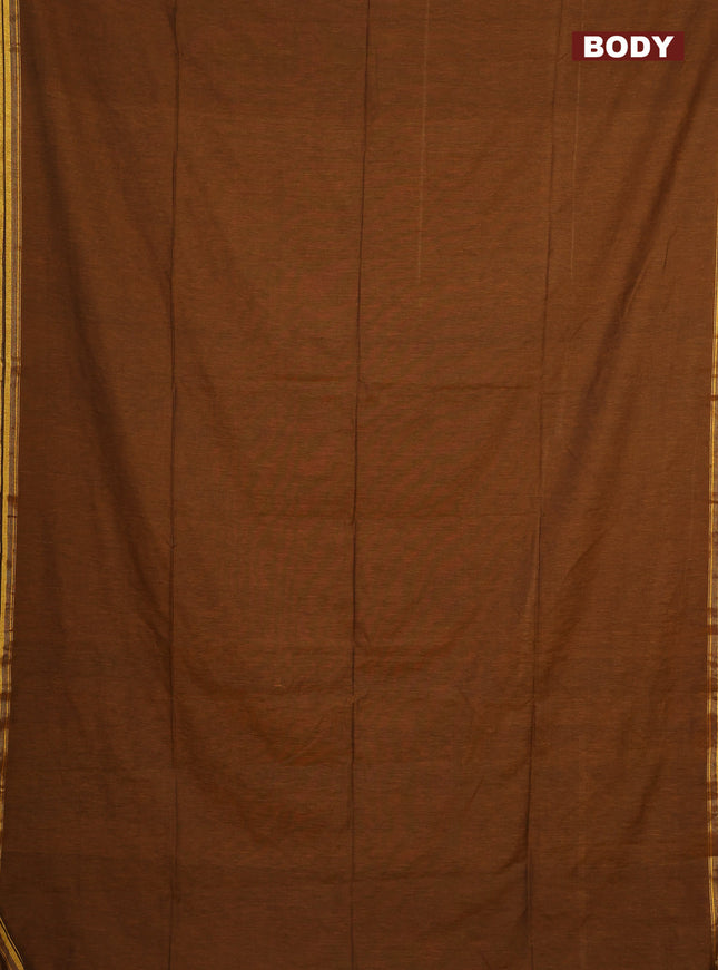 Bengal soft cotton saree dark mustard with plain body and zari woven piping border