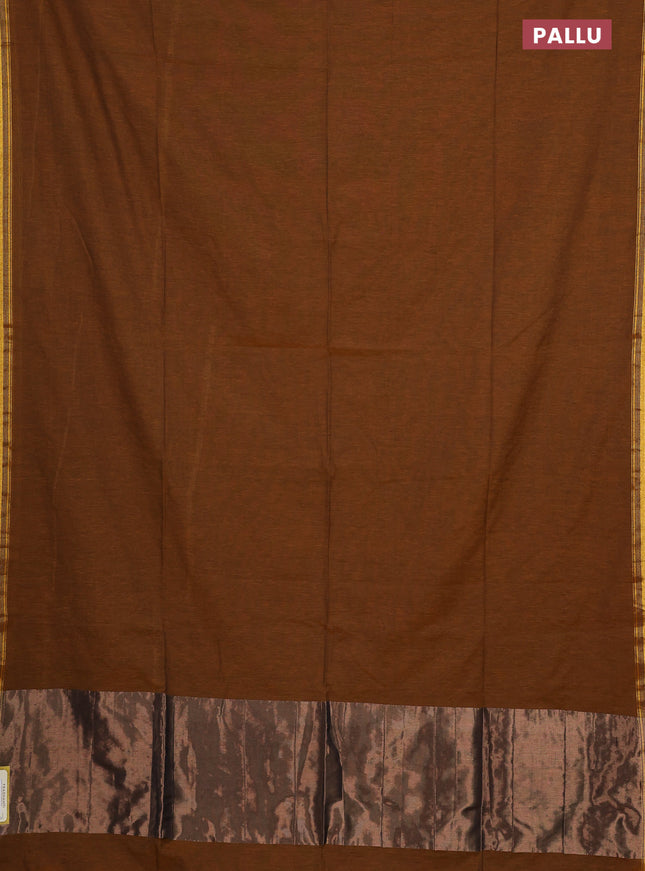 Bengal soft cotton saree dark mustard with plain body and zari woven piping border