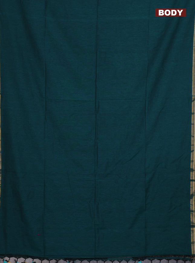 Bengal soft cotton saree green with plain body and zari woven piping border