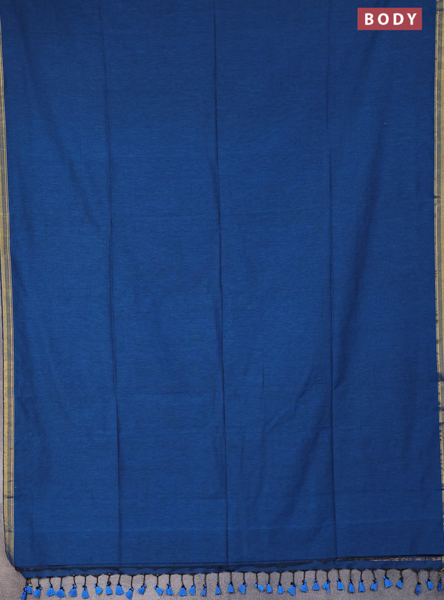Bengal soft cotton saree peacock blue with plain body and zari woven piping border