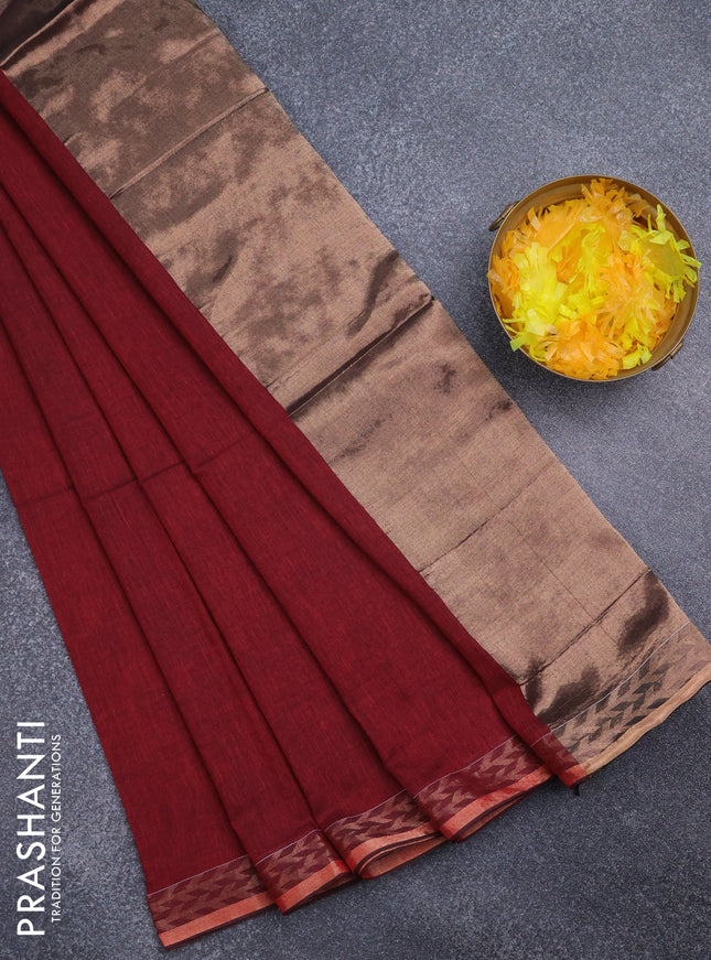 Bengal soft cotton saree maroon with plain body and zari woven border