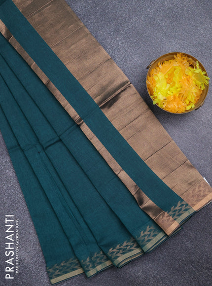 Bengal soft cotton saree green shade with plain body and zari woven border