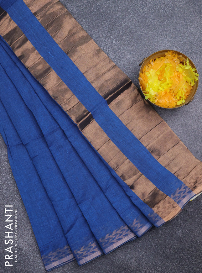 Bengal soft cotton saree cs blue with plain body and zari woven border