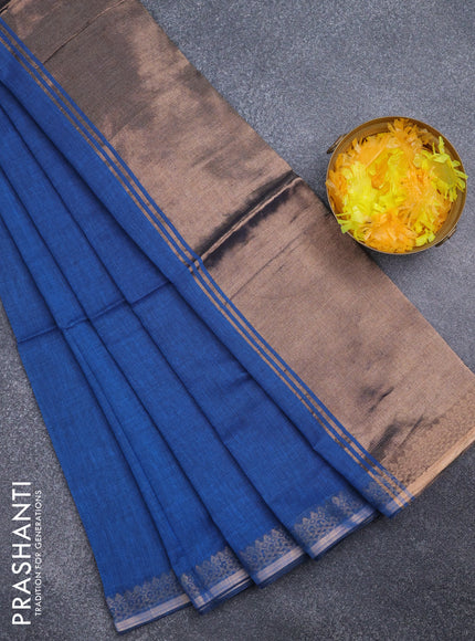 Bengal soft cotton saree cs blue with plain body and zari woven border