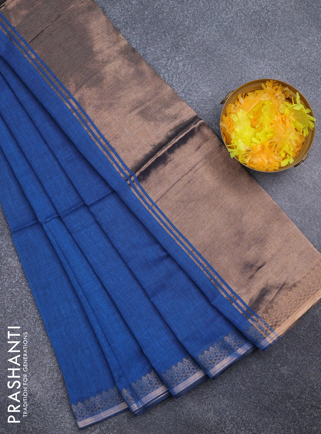 Bengal soft cotton saree cs blue with plain body and zari woven border