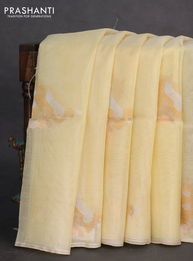 Pure organza silk saree pale yellow with silver & gold zari woven peacock buttas and jamdhani design pallu