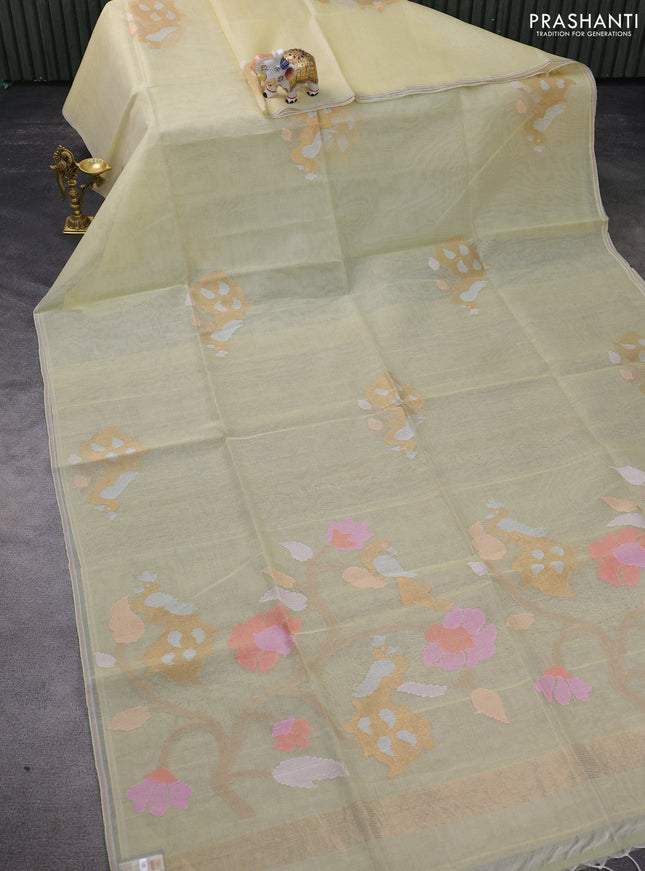 Pure organza silk saree pale yellow with silver & gold zari woven peacock buttas and jamdhani design pallu