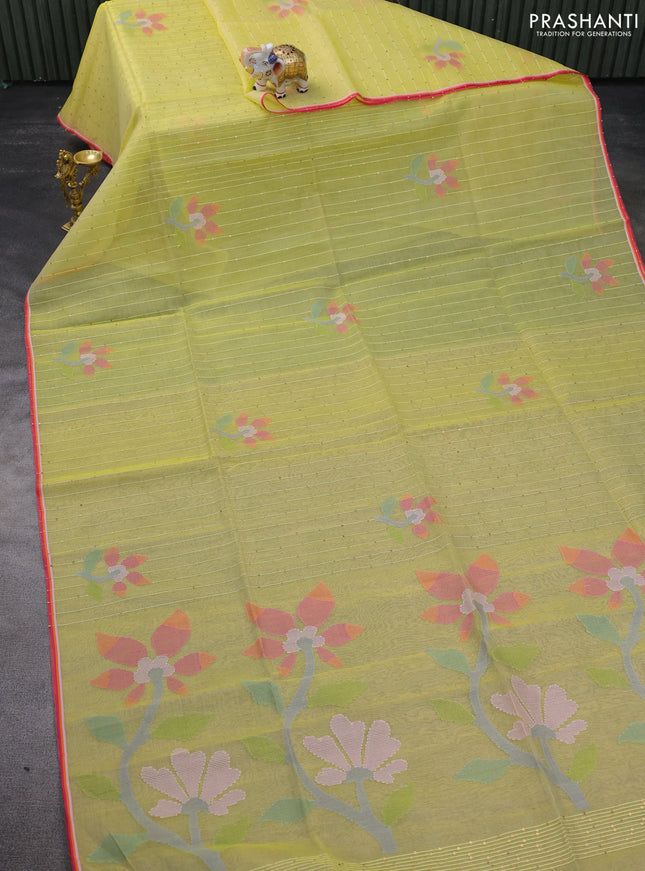 Pure organza silk saree yellow and with allover sequin work & jamdhani buttas and jamdhani design pallu